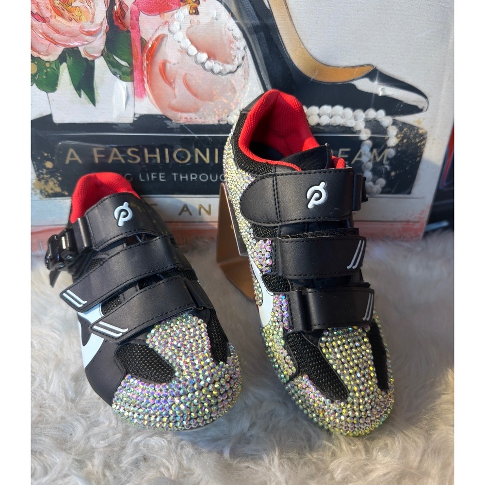 Peloton Cycling Shoes Custom Rhinestone Embellished Black White Red EU 39‎